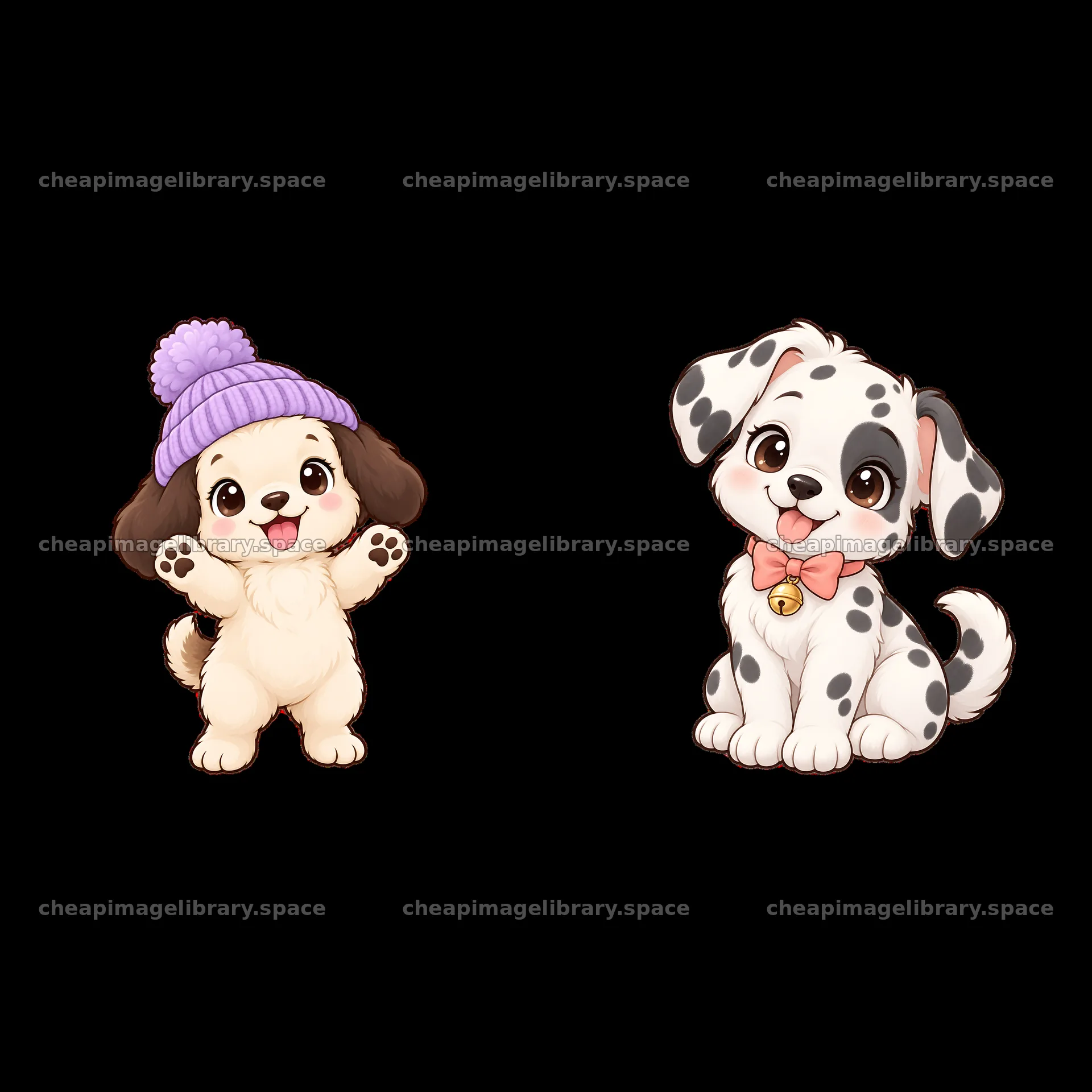 Cute dogs with purple hat and spotted fur in playful poses – image library 7746x7746