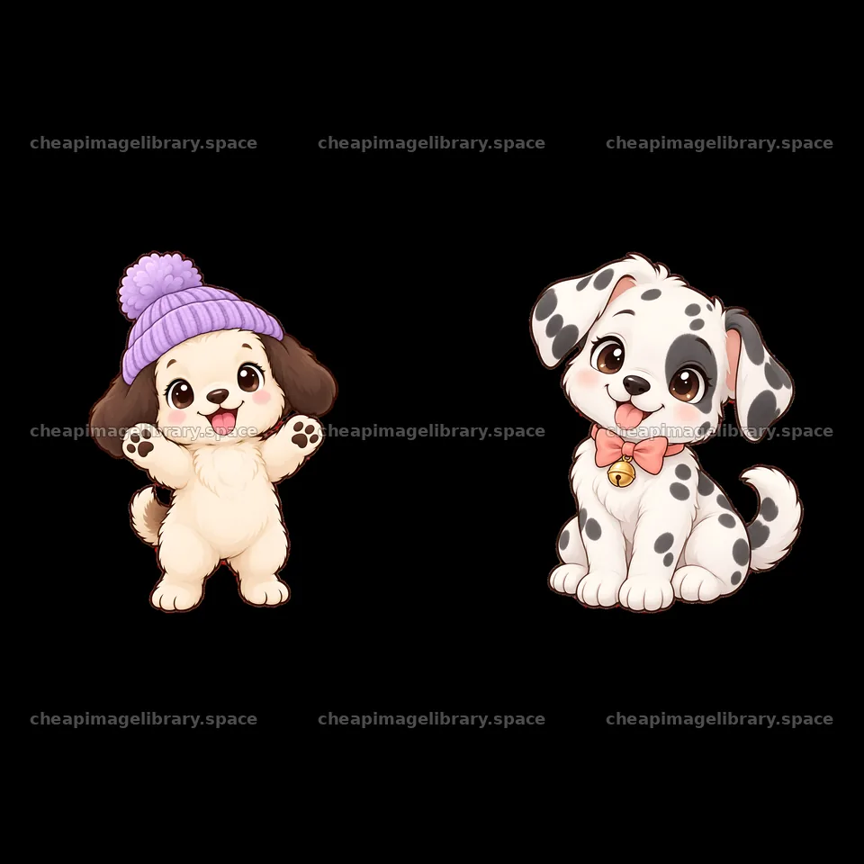 Cute dogs with purple hat and spotted fur in playful poses – image library 7746x7746
