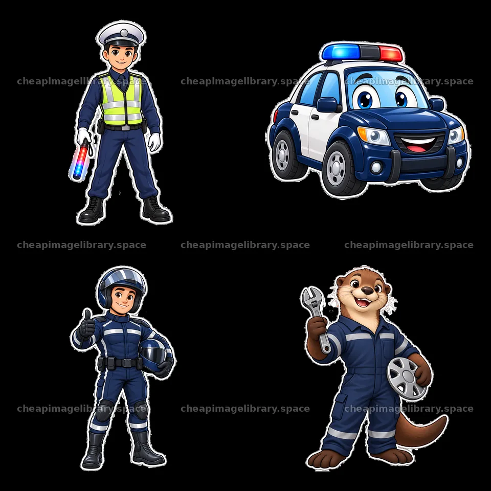 Cartoon police officer, police car, and otter mechanic characters – image library 7746x7746