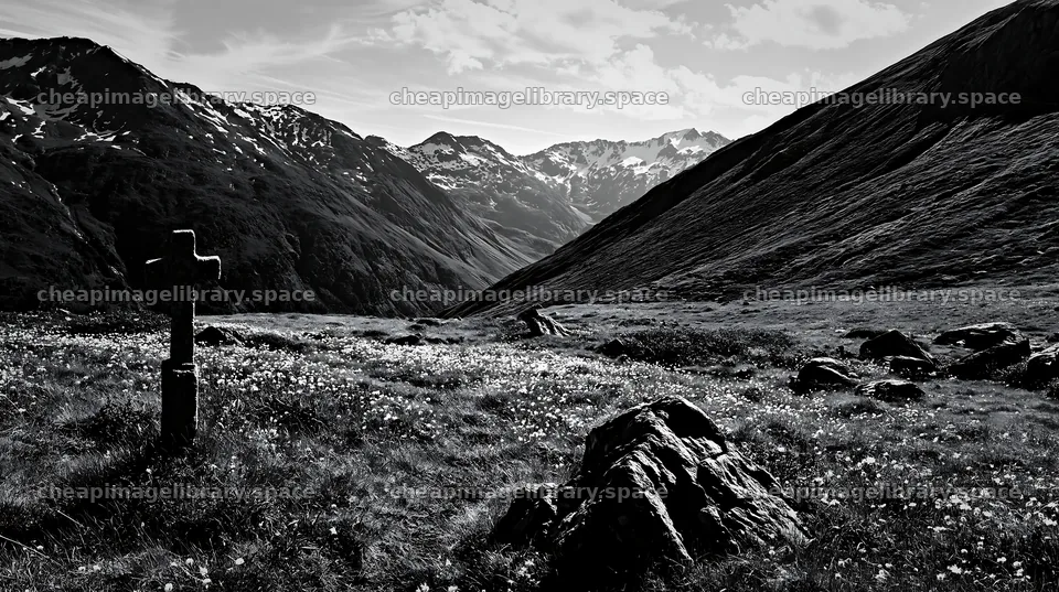 Stone Christian cross in alpine valley meadow – image library 10608x5938