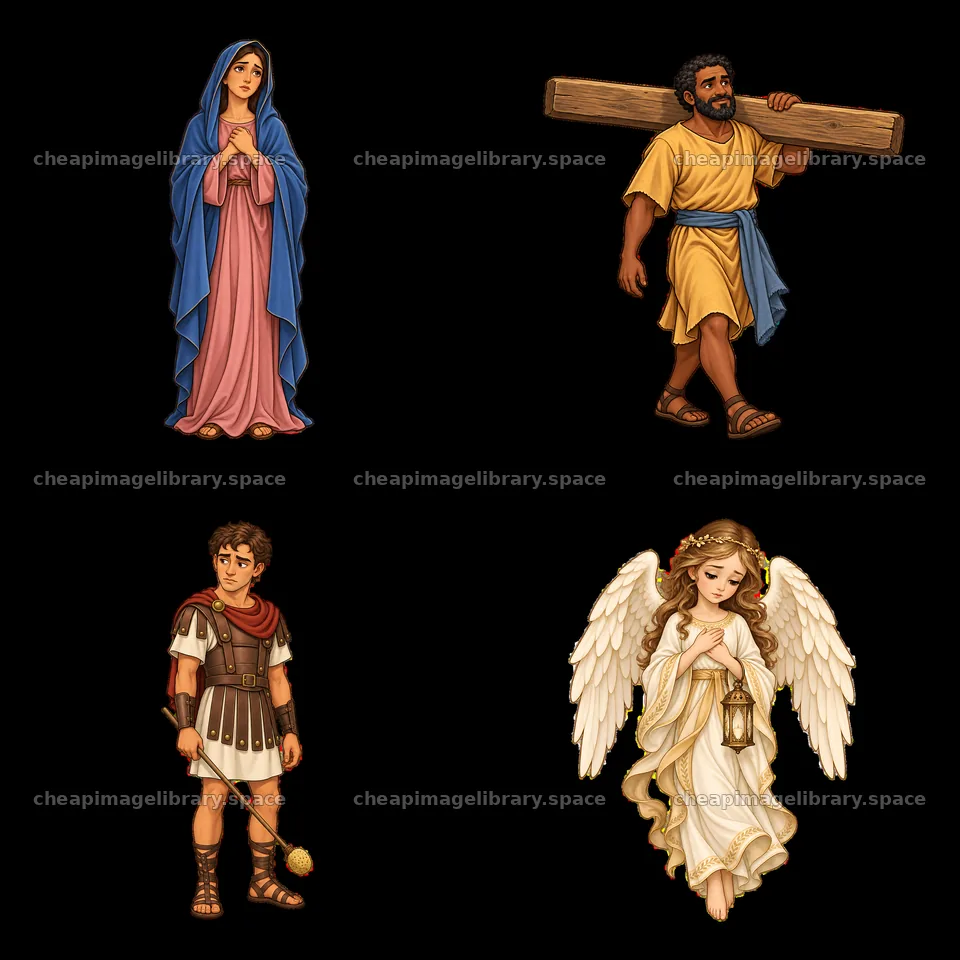 Jesus on the cross with Mary, a soldier, and an angel in a grid – image library 7746x7746