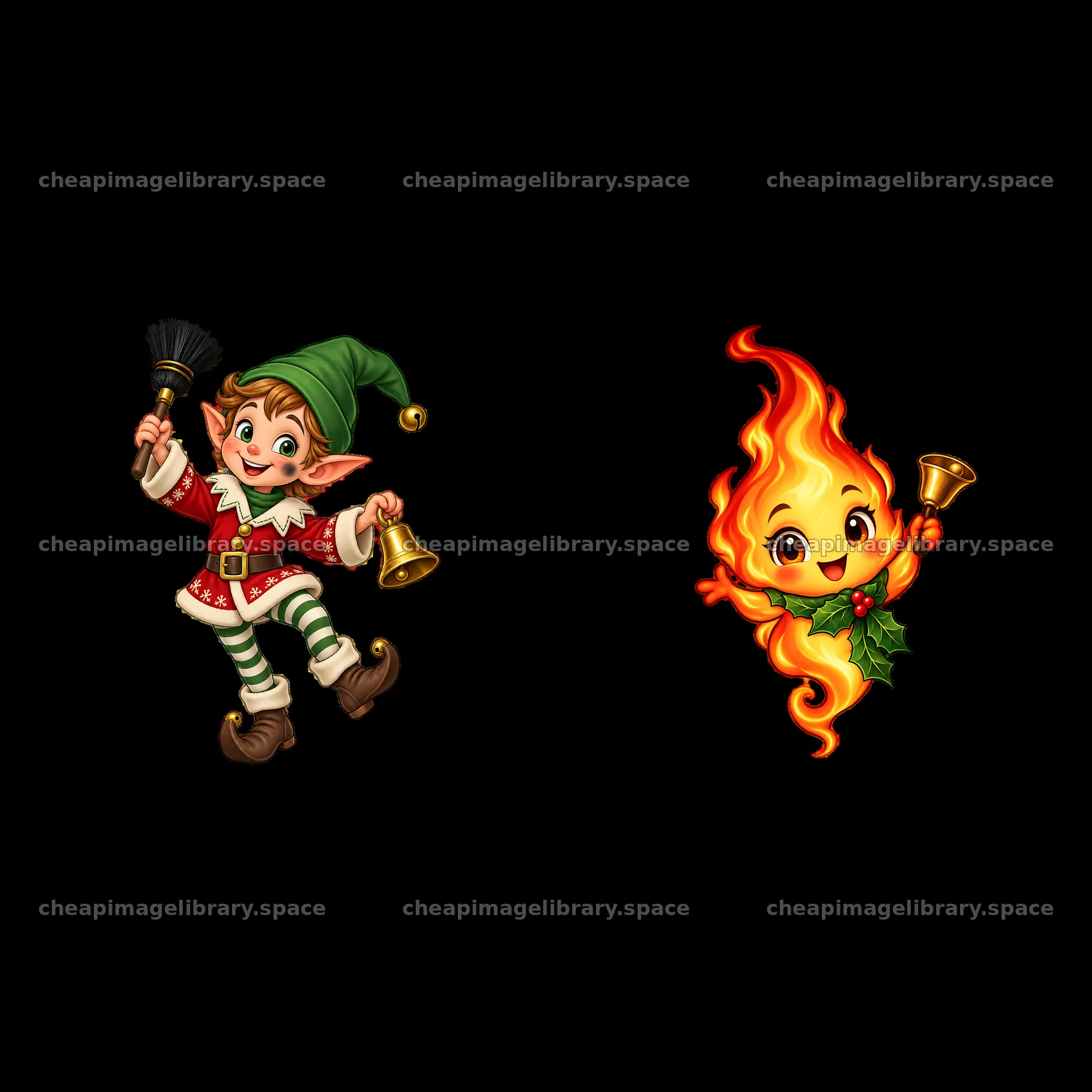 Christmas elf and cheerful flame character with bells – image library 7746x7746