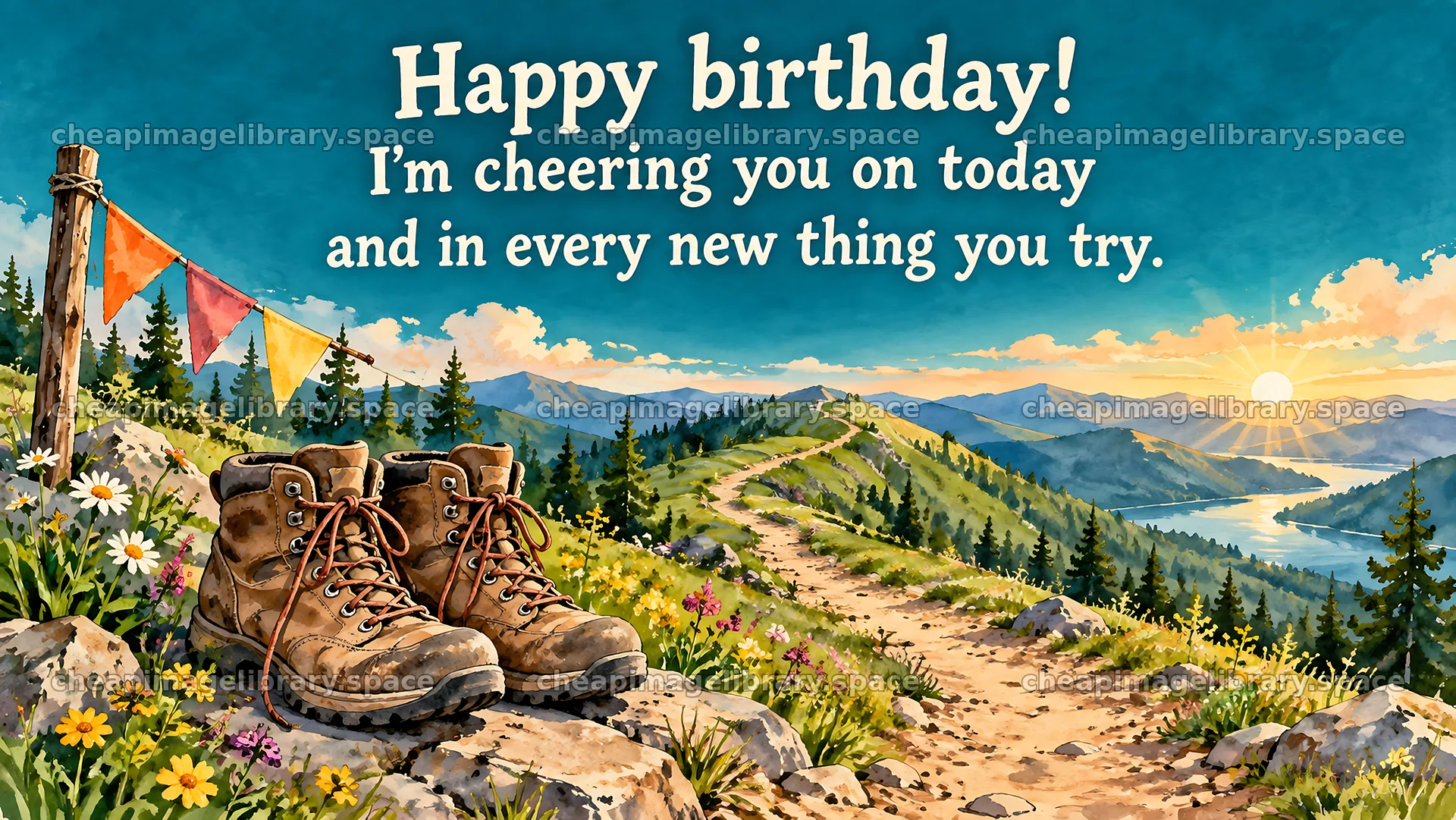 Birthday Greeting with Mountain Trail and Hiking Boots – image library 10324x5812