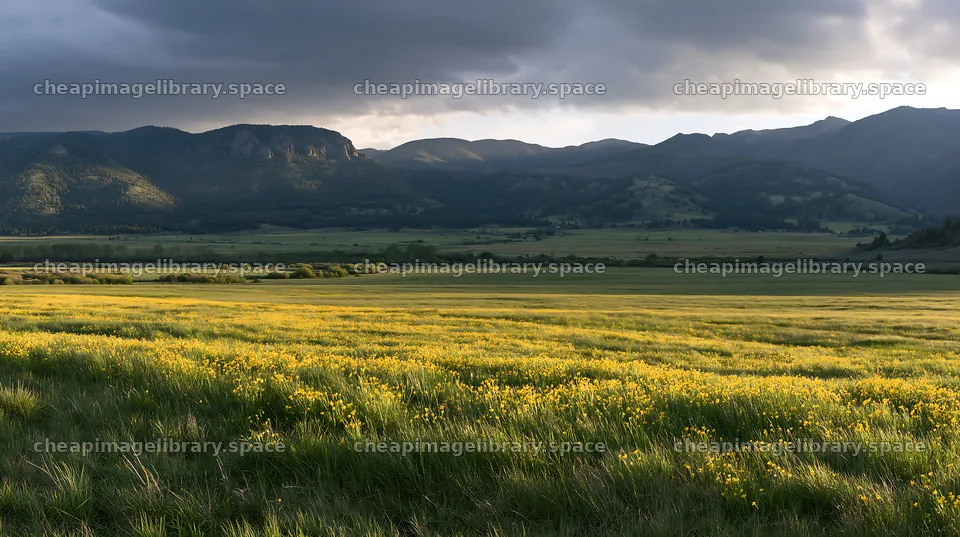 Buttercup meadow with mountains and cloudy sky – image library 10608x5938