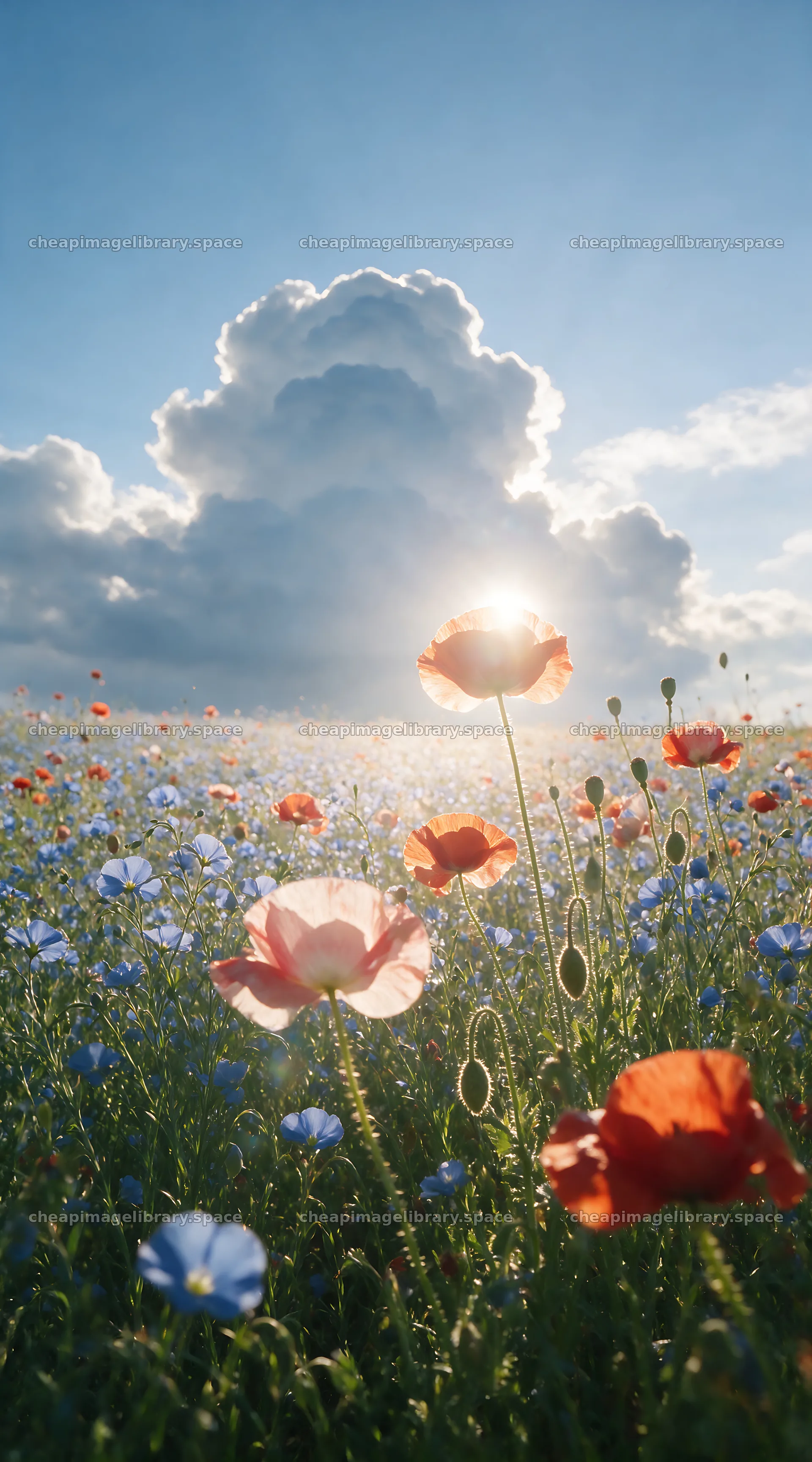 Poppy flax meadow with flowers under a bright sky – image library 5916x10648