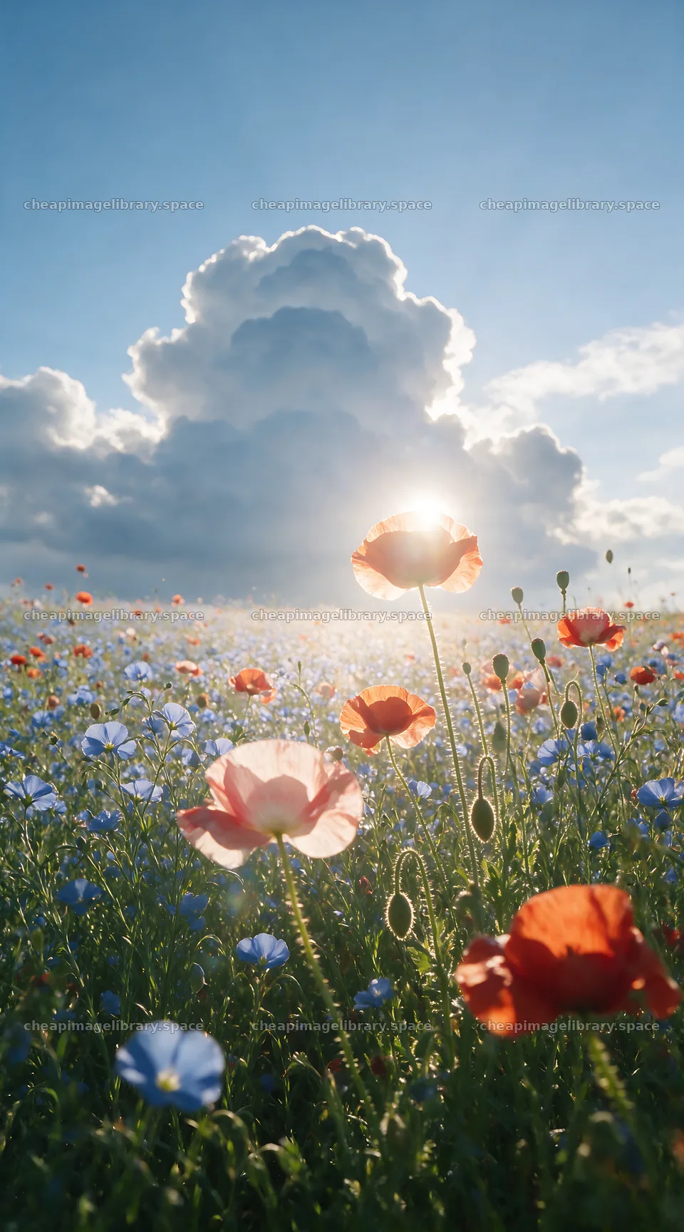 Poppy flax meadow with flowers under a bright sky – image library 5916x10648
