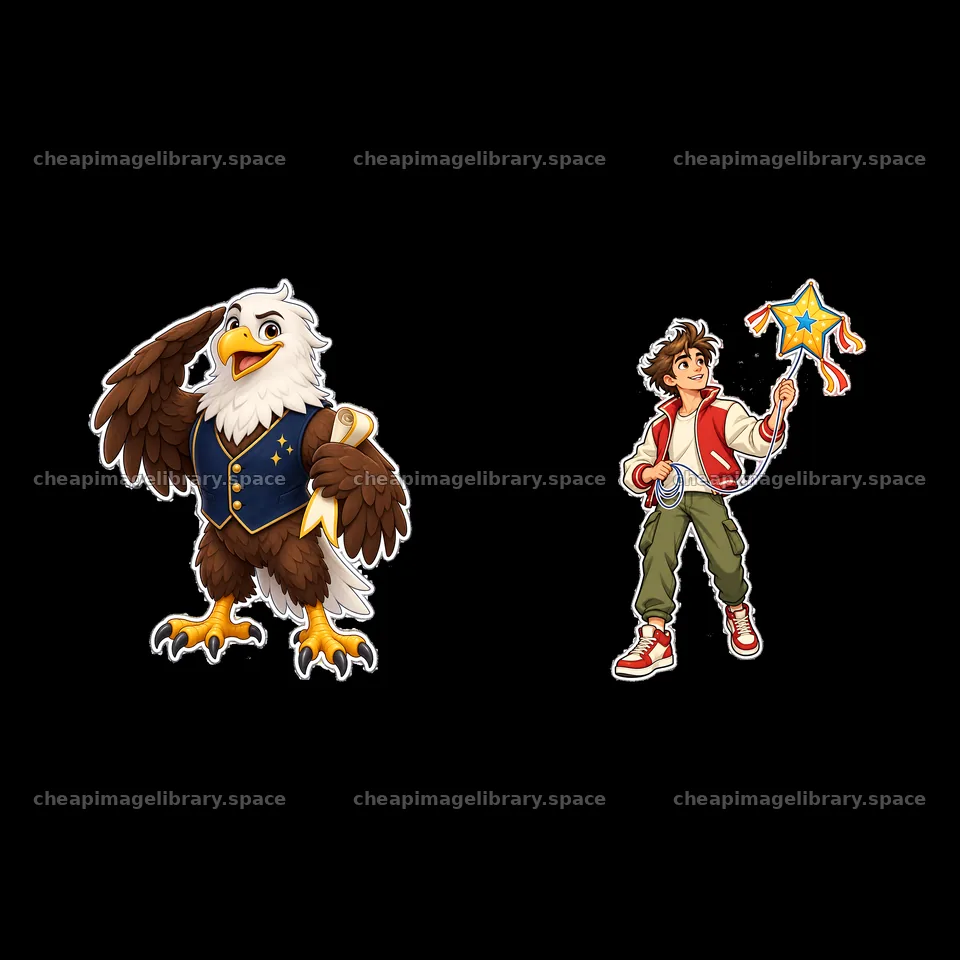 Eagle mascot and boy with magic wand in patriotic attire – image library 7746x7746