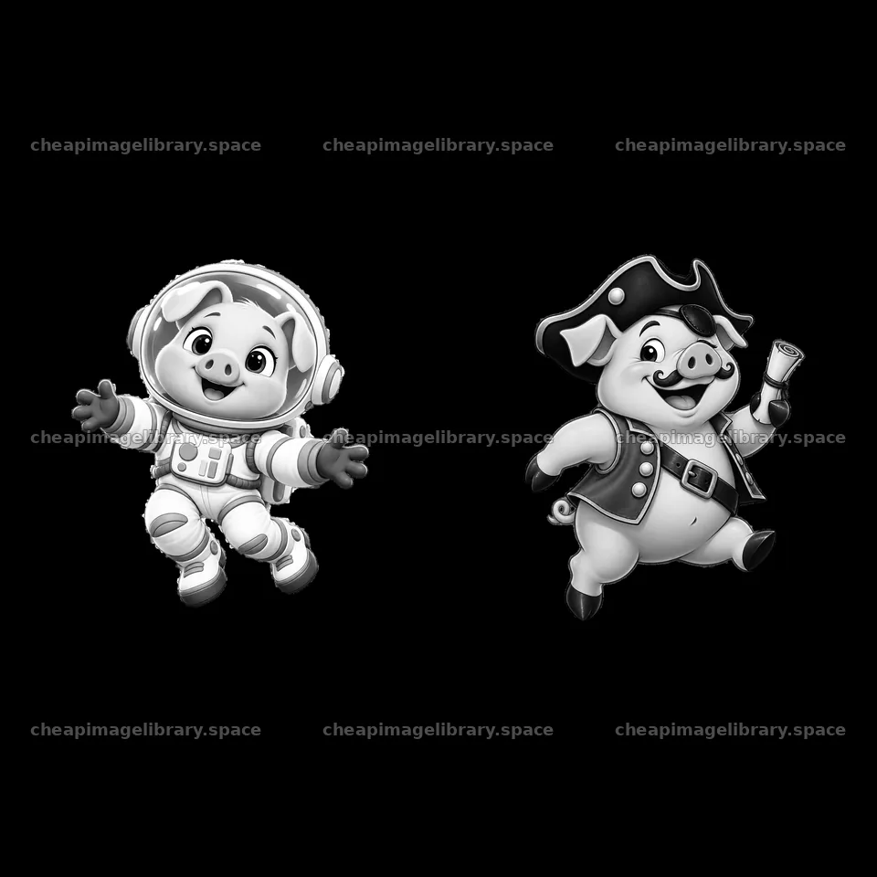 Pig astronauts and pirate characters in black and white illustration – image library 7746x7746