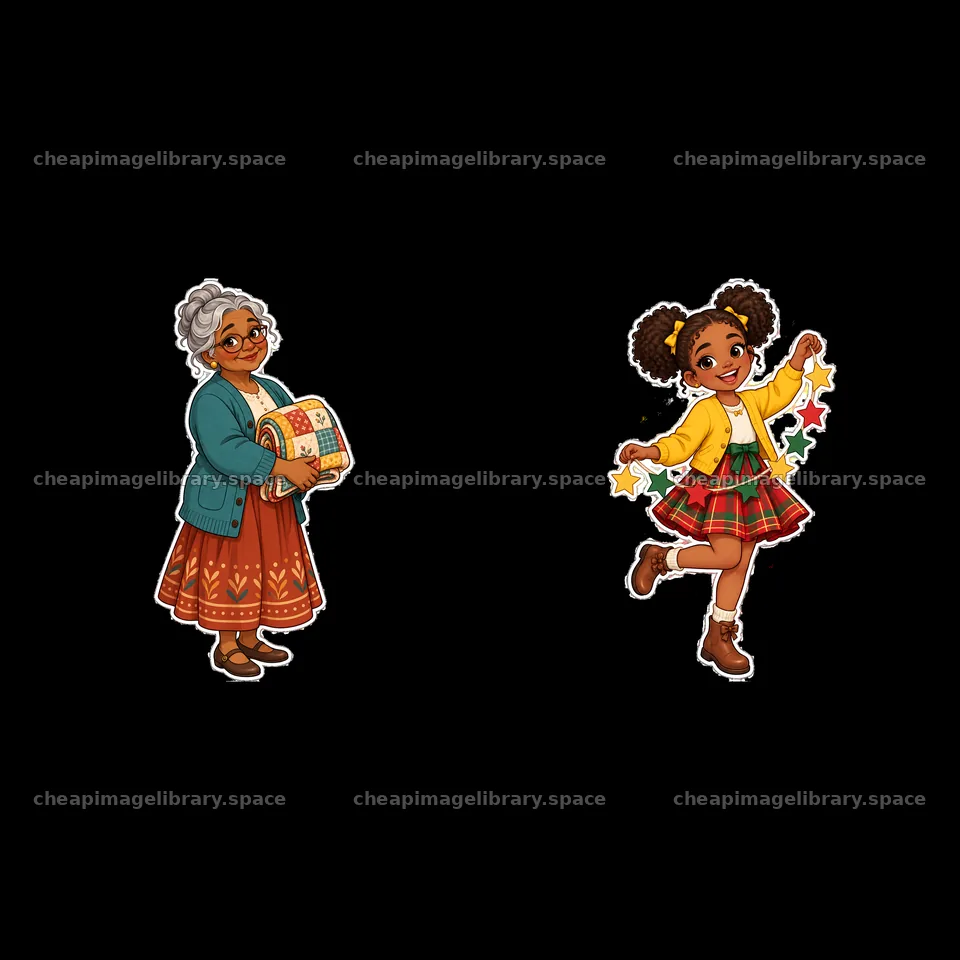 Grandmother with quilt and girl dancing with stars – image library 7746x7746