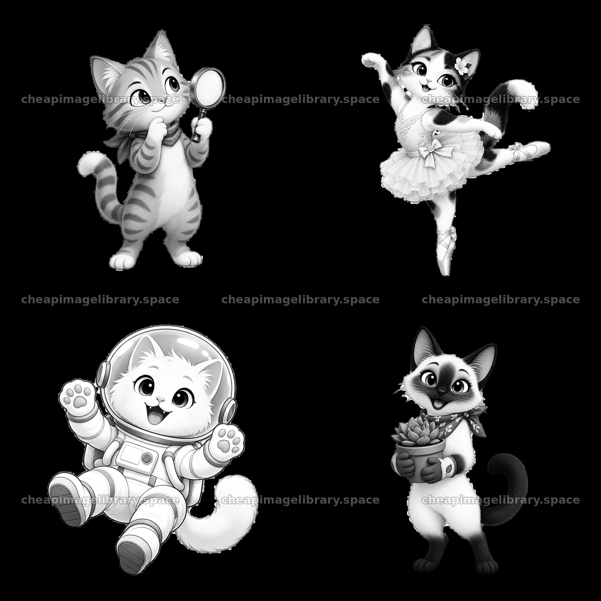 Four playful cats with various activities in a monochrome design – image library 7746x7746