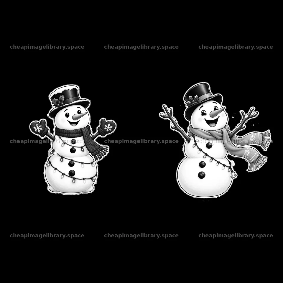 Snowman wearing scarves and string lights in black and white – image library 7746x7746