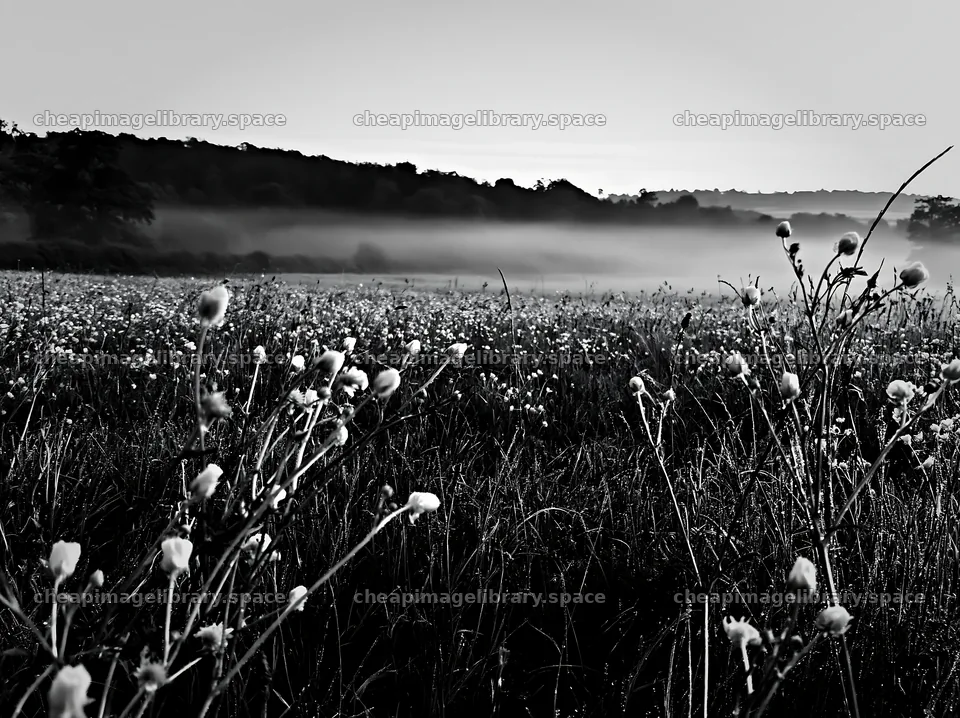 Buttercup meadow under morning mist with yellow flowers – image library 9174x6866