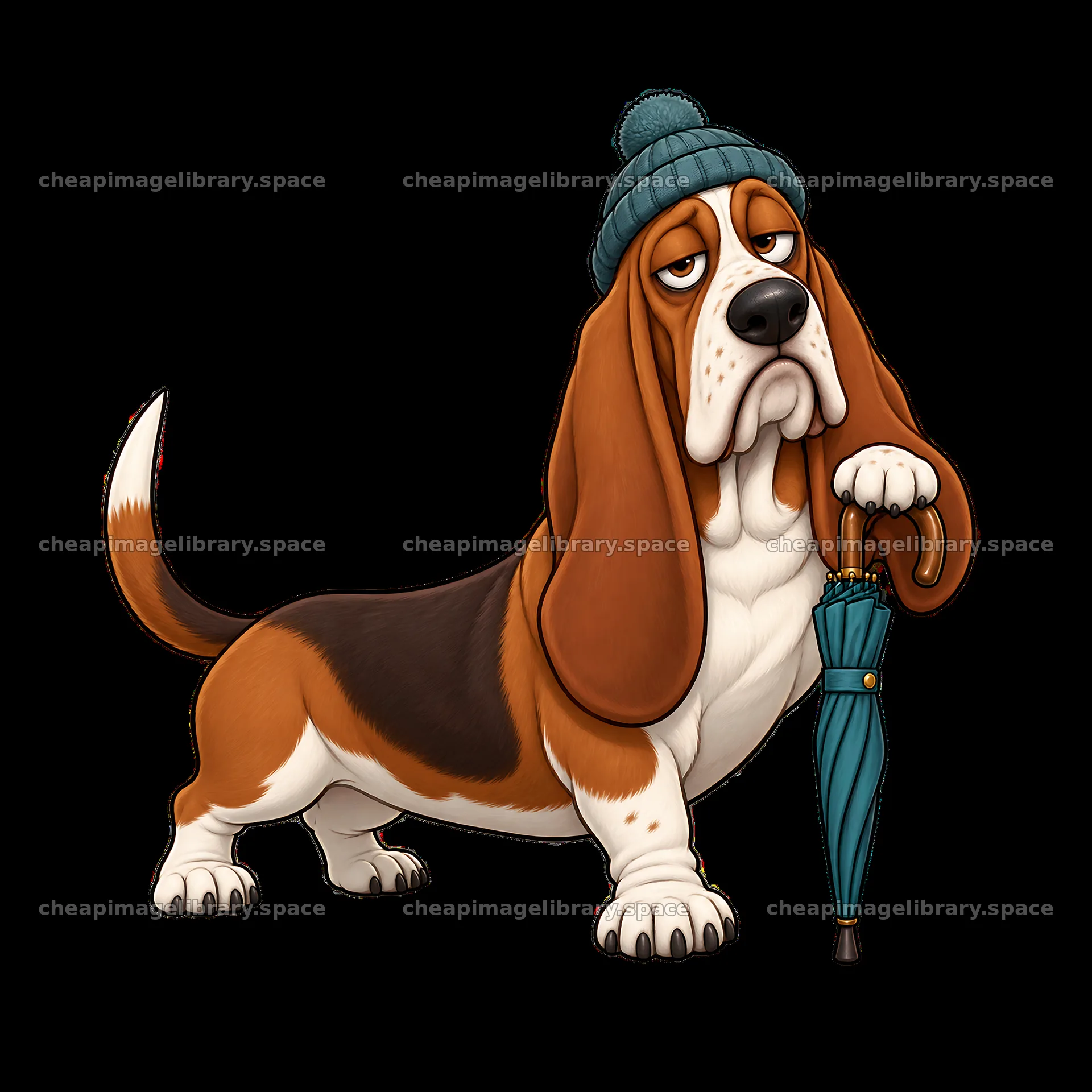 Grumpy basset hound with an umbrella wearing a blue hat – image library 7746x7746