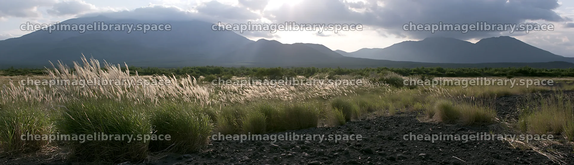 Kagoshima volcanic meadow with pumice foreground and distant – image library 14762x4268