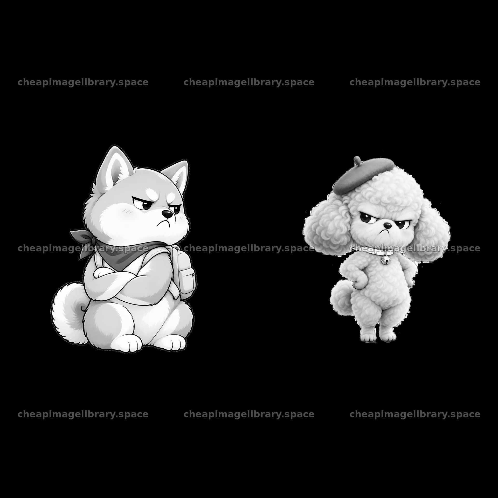 Kawaii grumpy dog and fluffy poodle duo in monochrome design – image library 7746x7746