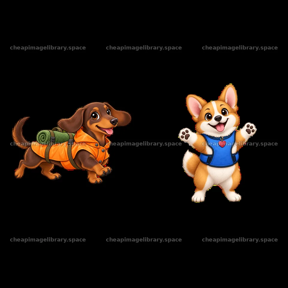 Two cartoon dogs in playful poses with colorful accessories – image library 7746x7746