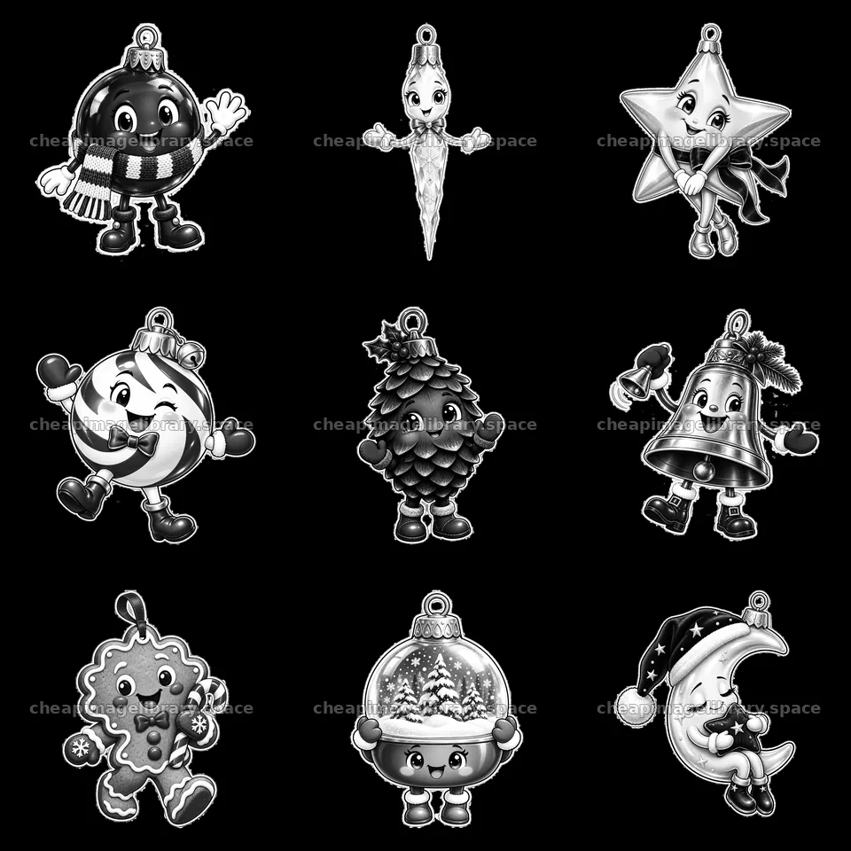 Festive cartoon Christmas ornaments in a 3x3 arrangement – image library 7746x7746