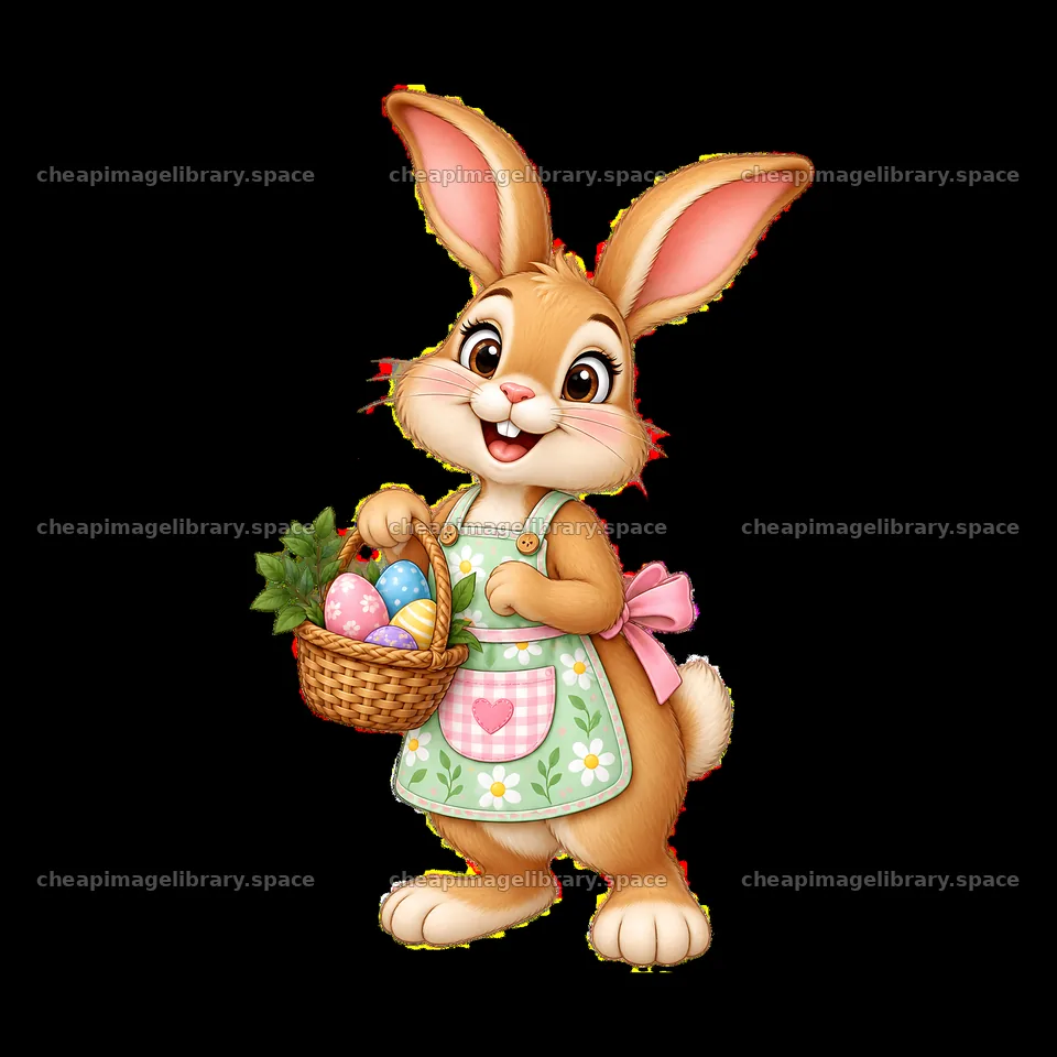 Happy bunny character holding Easter eggs in a basket – image library 7746x7746