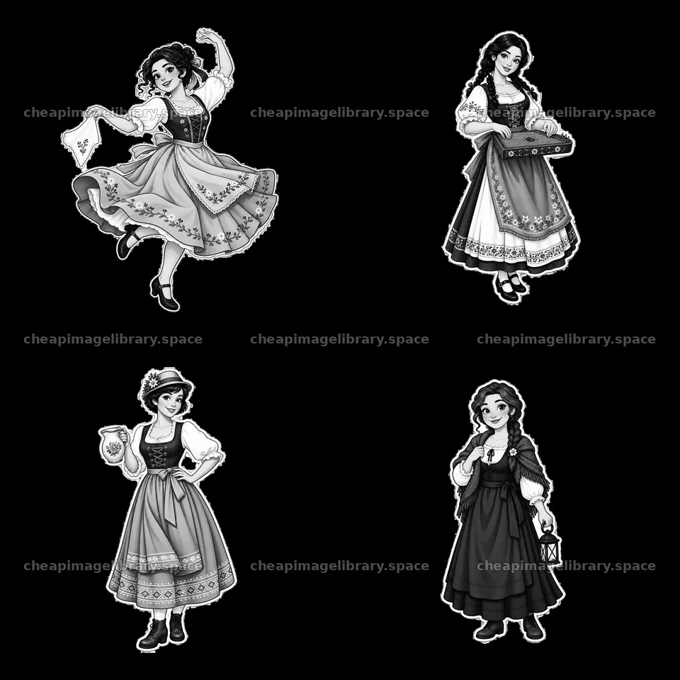Woman in traditional folk dress holding items in four-panel layout – image library 7746x7746