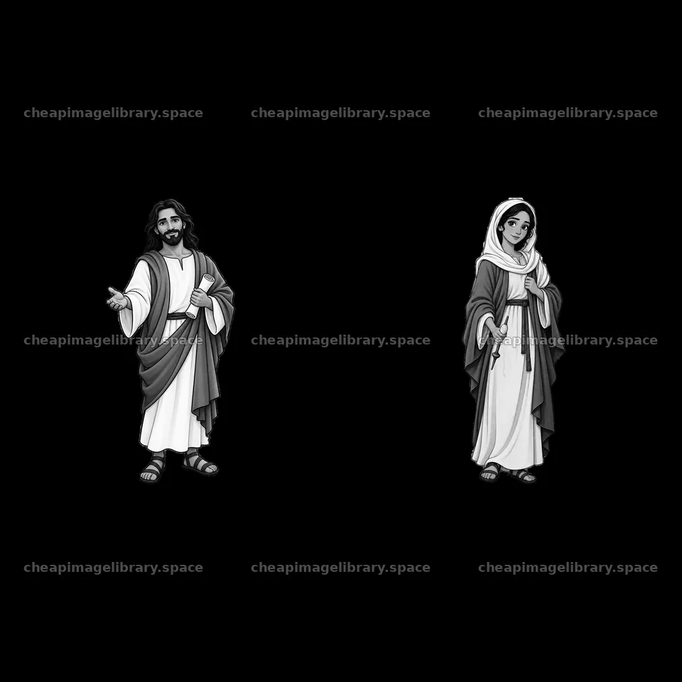 Jesus and a woman in traditional attire, monochrome illustration – image library 7746x7746