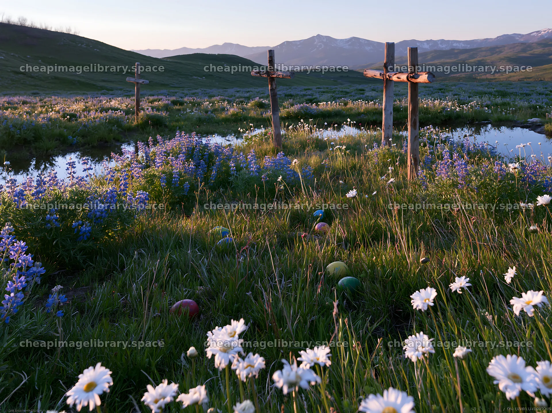 Christian crosses beside mineral spring meadow in grass – image library 9174x6866