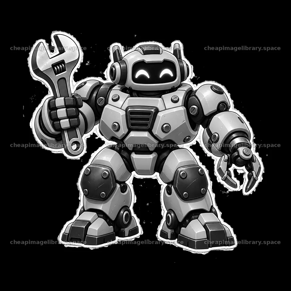 Robot holding wrench in a mechanical design illustration – image library 7746x7746