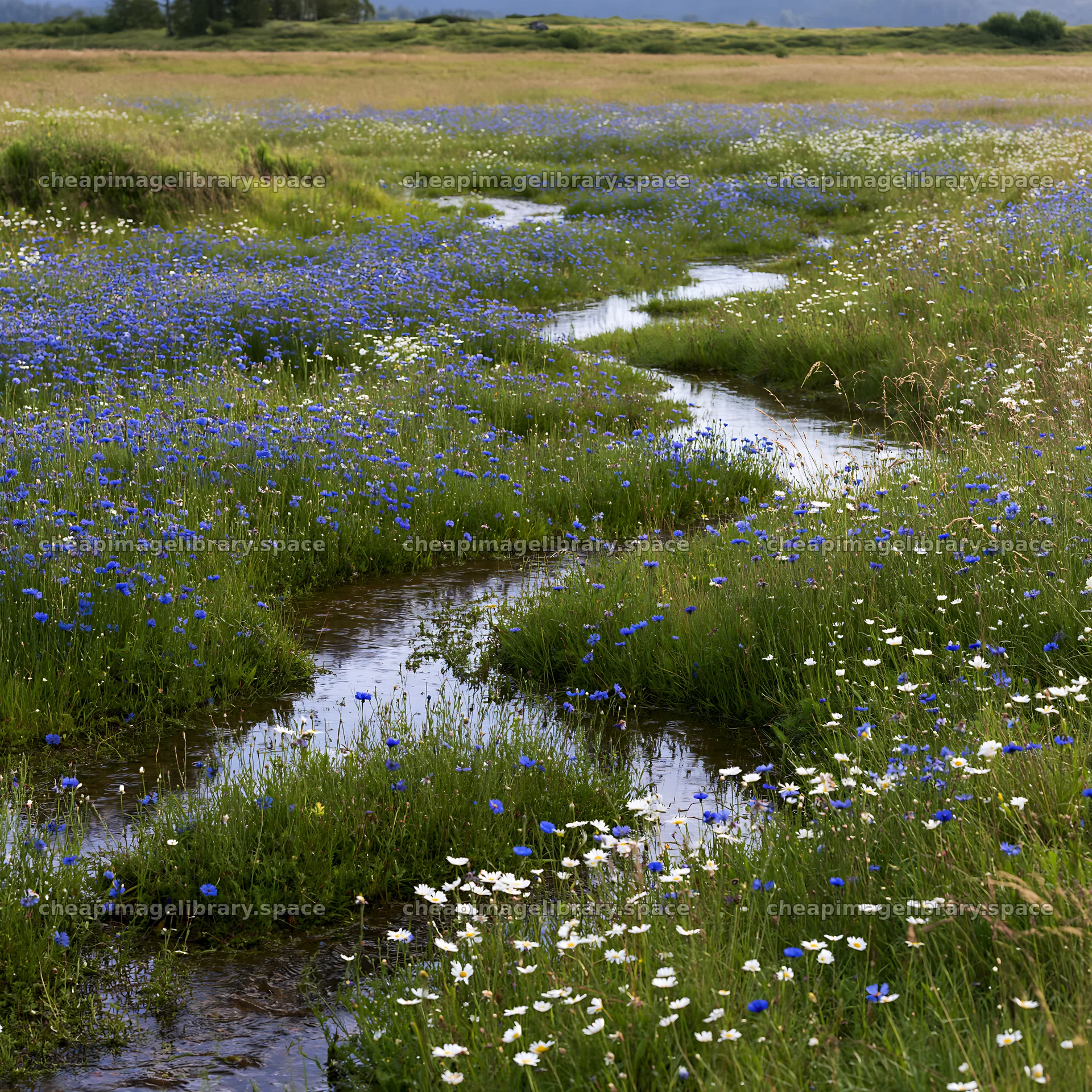 Rainy valley meadow with flowers and a stream – image library 7938x7938