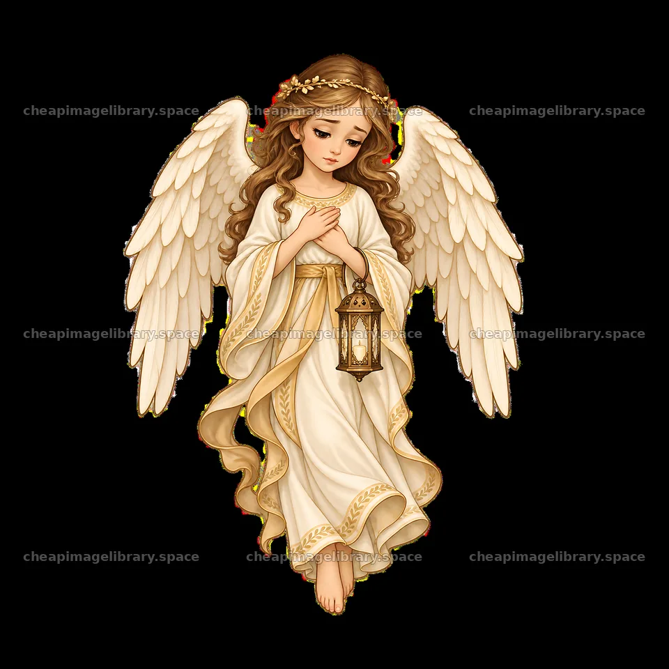 Angel holding a lantern in flowing white garment with golden accents – image library 7746x7746