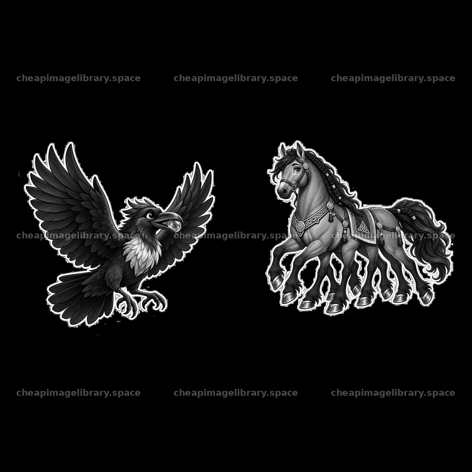 Odin's raven and eight-legged horse cartoon sticker design – image library 7746x7746