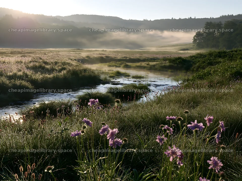 Winding stream in meadow with flowers in morning light – image library 9174x6866