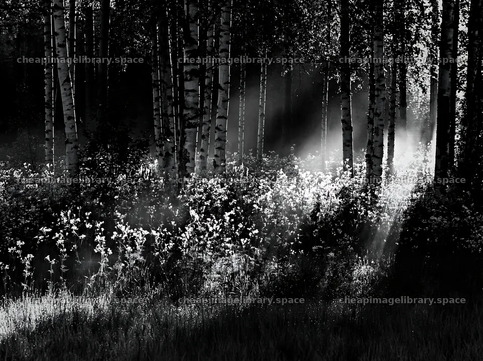 Birch forest meadow with sunlight shining through trees – image library 9174x6866