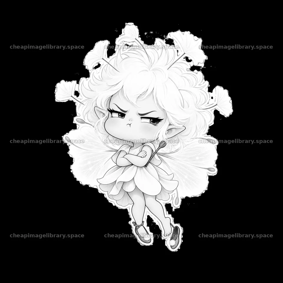 Grumpy fairy character with wings and short dress in monochrome – image library 7746x7746