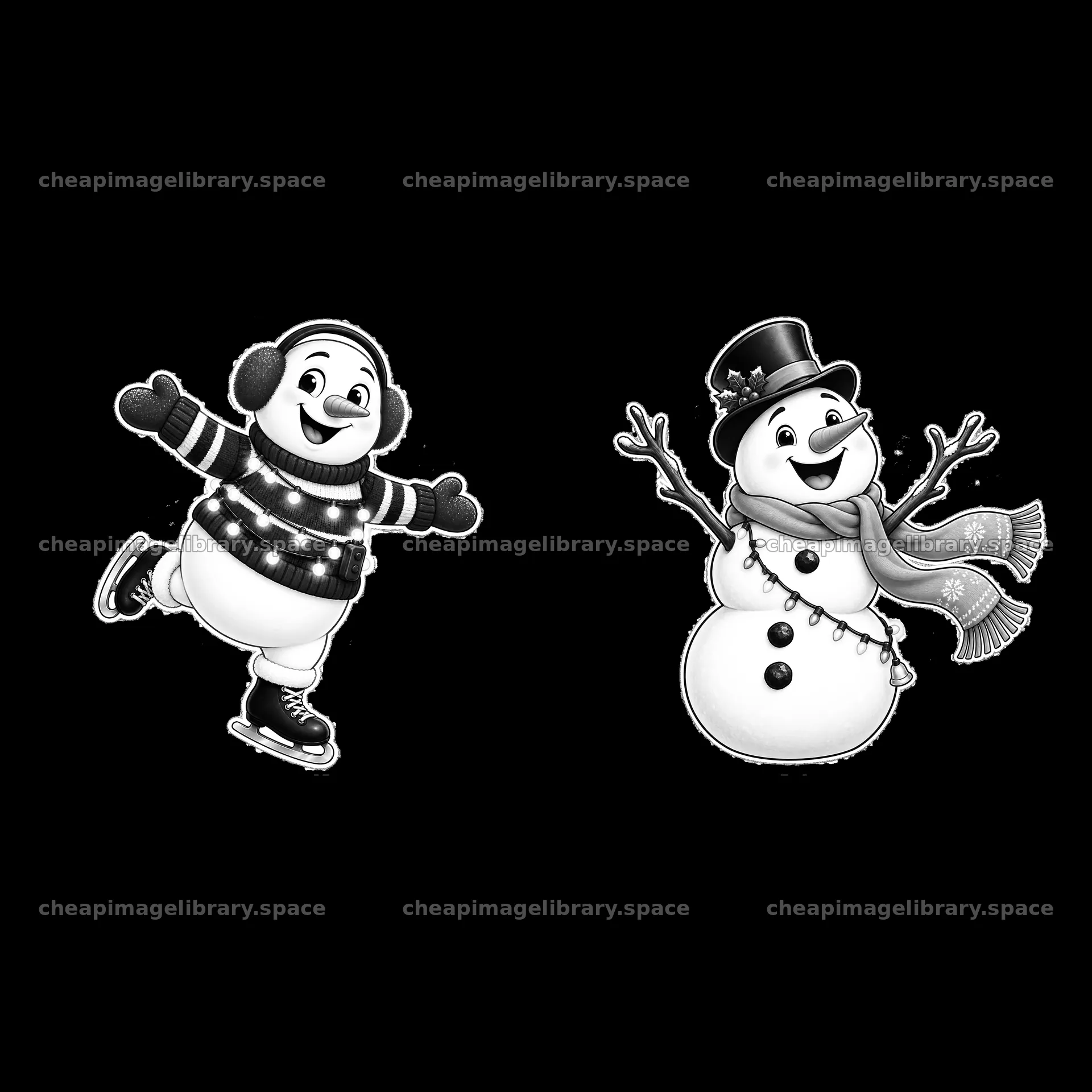 Snowman with string lights skating and snowman wearing a hat – image library 7746x7746