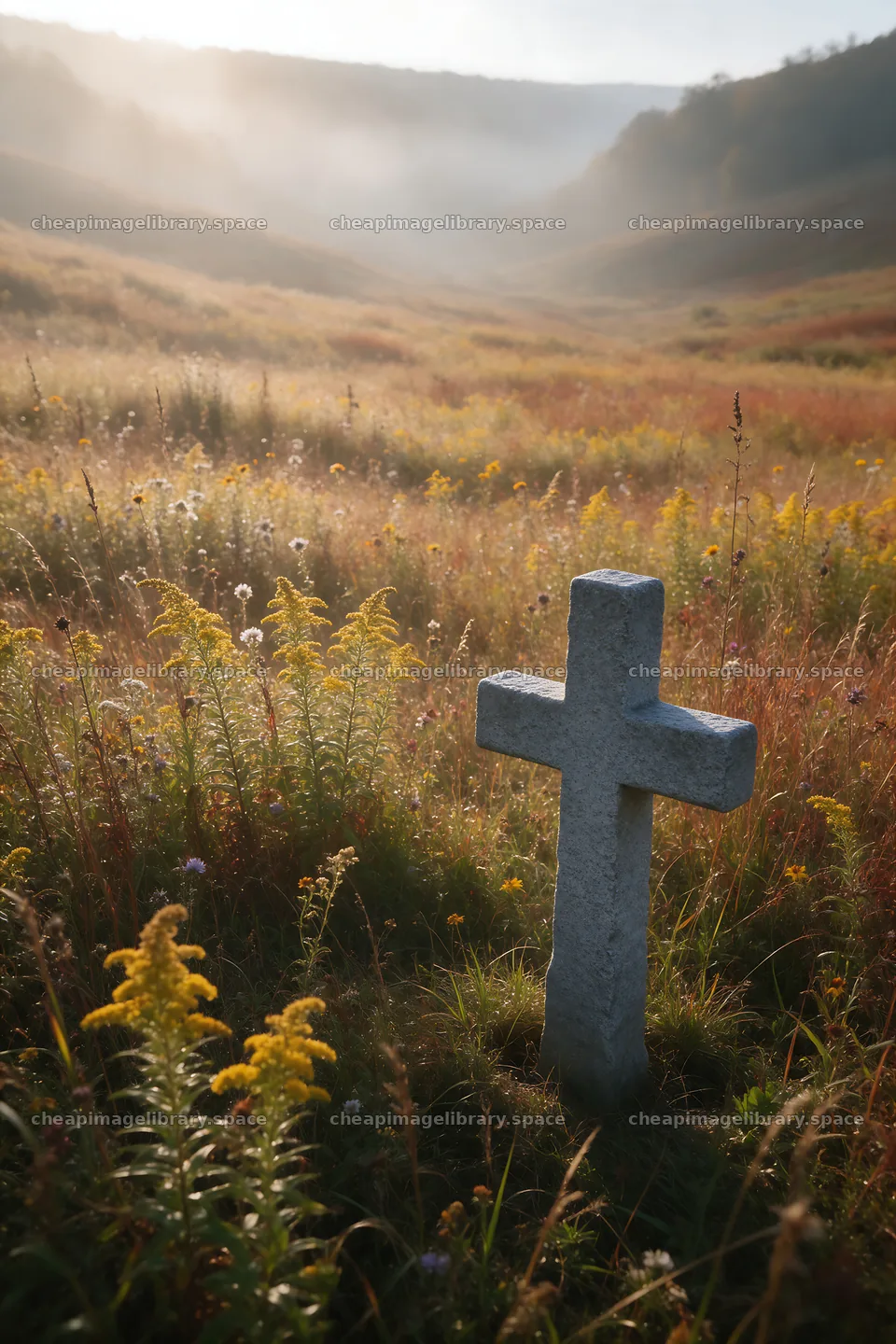 Aged Christian cross in autumn valley meadow – image library 6480x9722