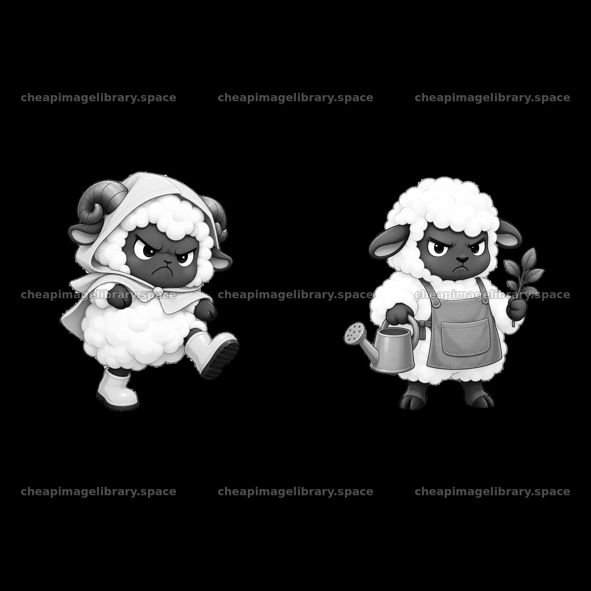 Kawaii grumpy sheep in action with watering can and steps – image library 7746x7746