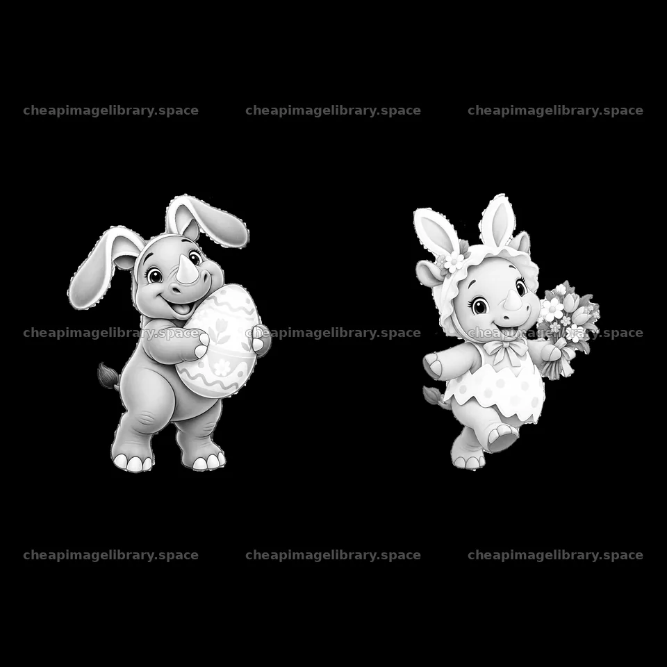 Easter rhinoceros characters with egg and flower in monochrome – image library 7746x7746