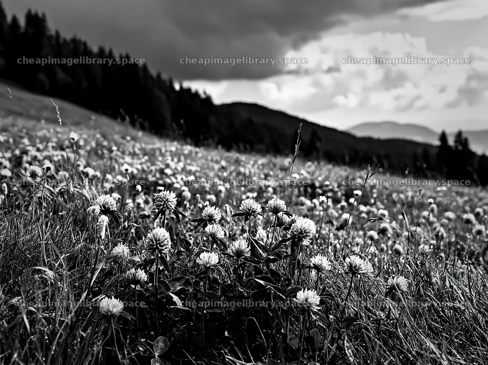Clover meadow with dew before a stormy sky – image library 9174x6866