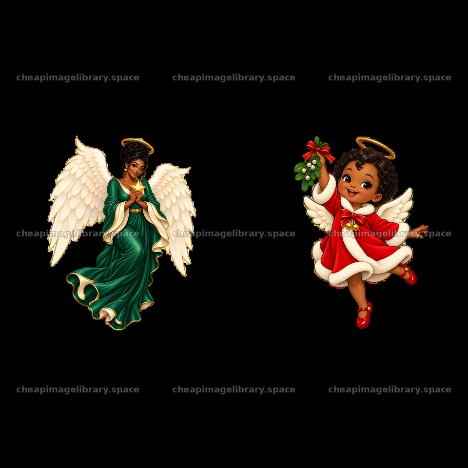 Christmas angel stickers with a graceful figure and happy child – image library 7746x7746