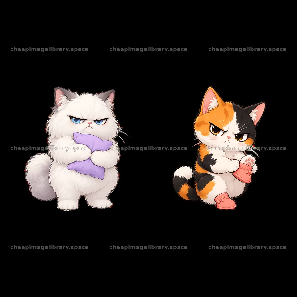 Kawaii grumpy cats holding pillows and toys in a funny pose – image library 7746x7746