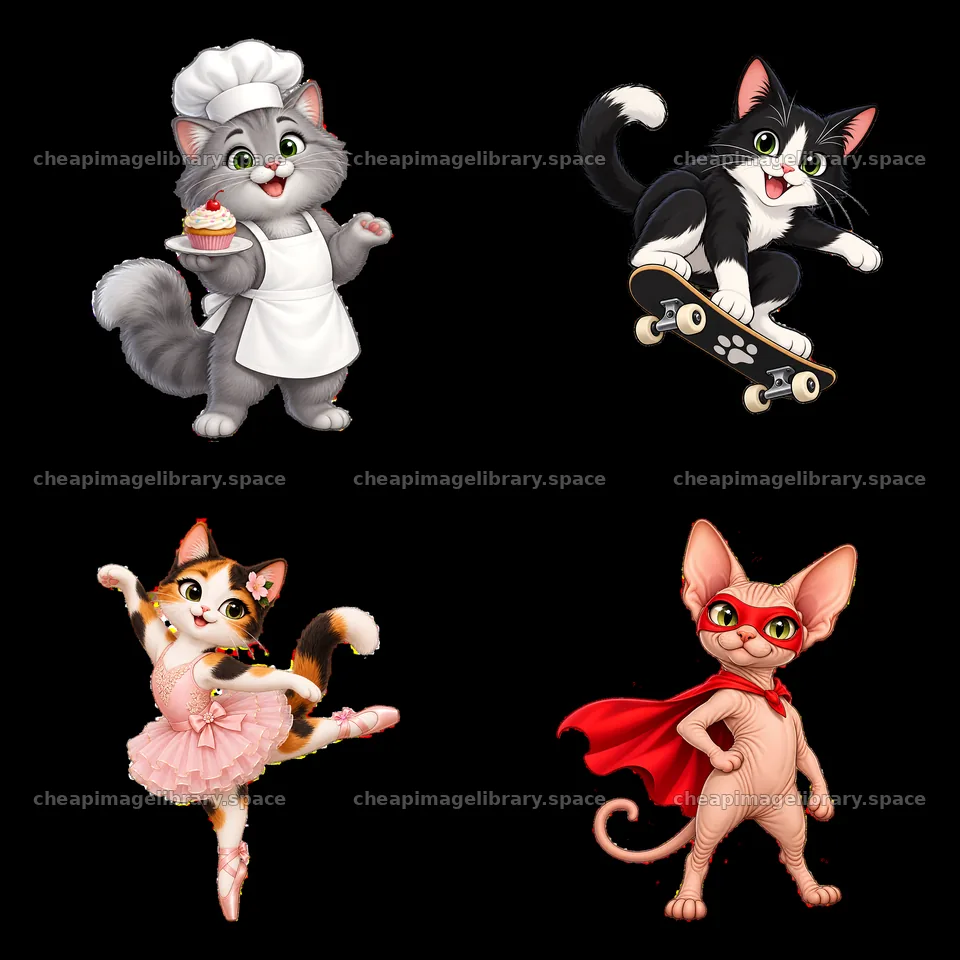 Cats in different costumes and activities in a 2x2 layout – image library 7746x7746
