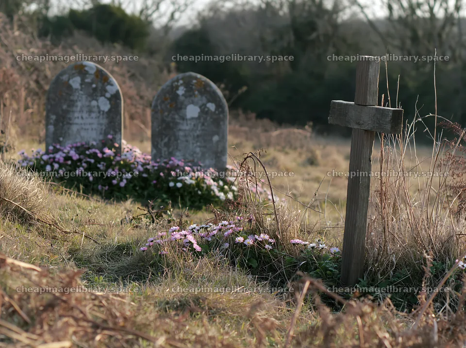 Christian cross in a Christmas meadow with headstones nearby – image library 9174x6866
