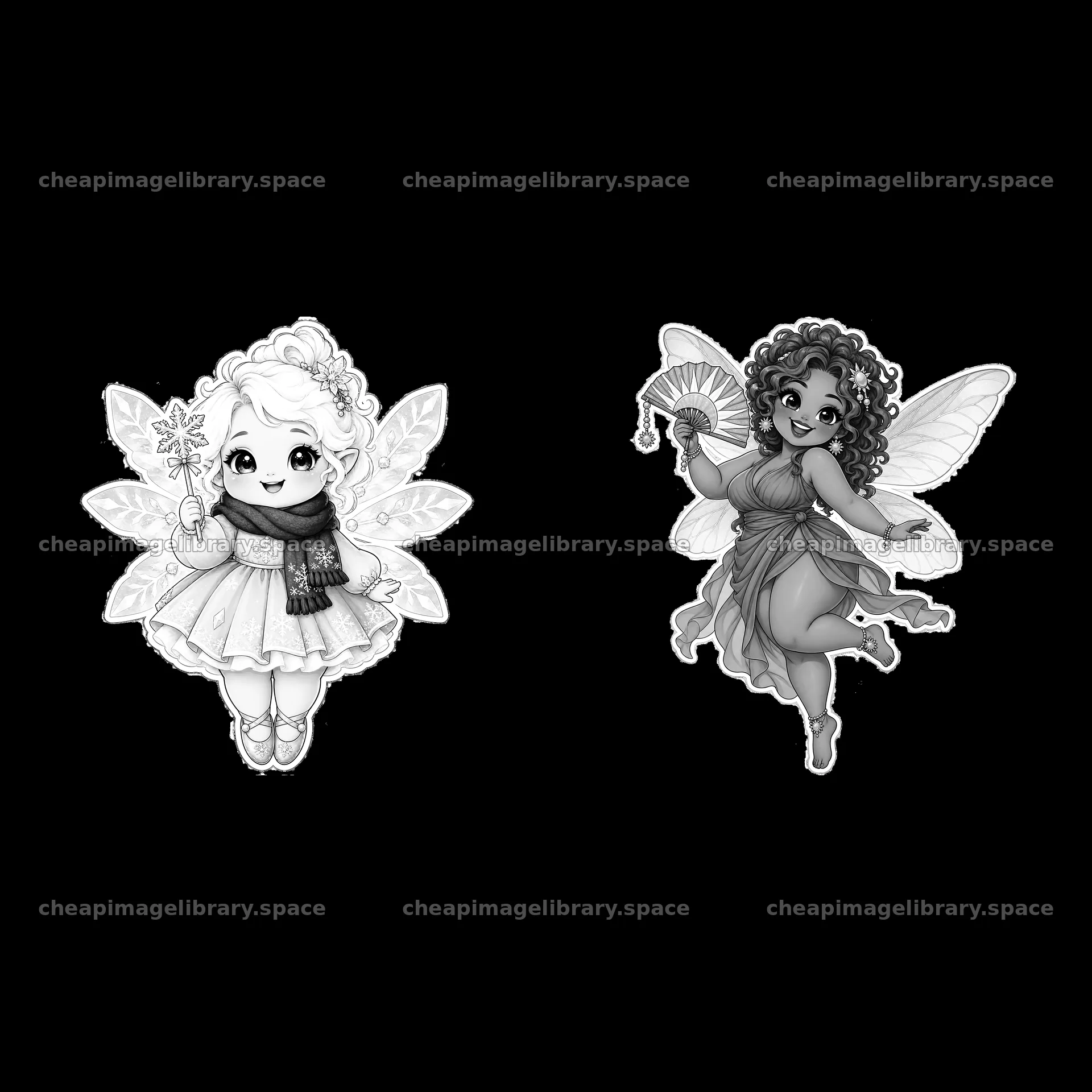 Kawaii chubby fairies with accessories in a playful design – image library 7746x7746