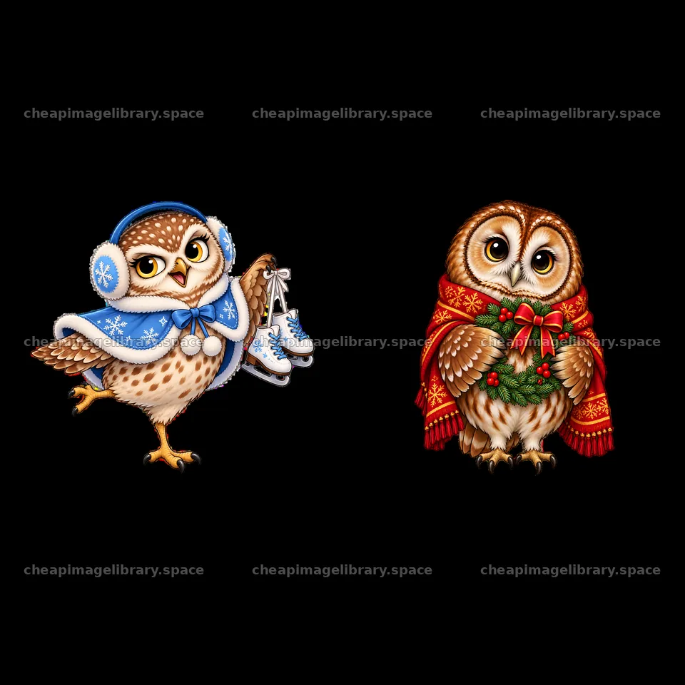 Christmas owls with ice skates and festive decorations – image library 7746x7746