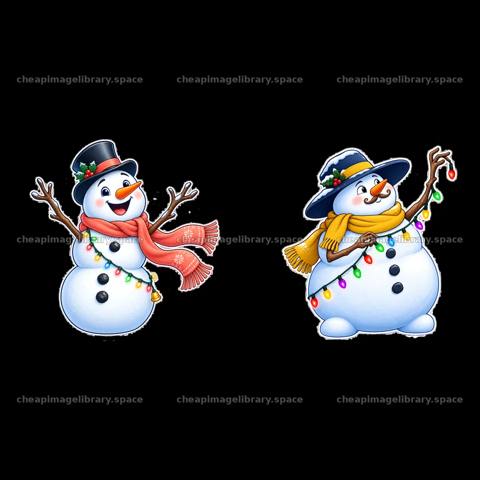 Snowmen wearing hats with string lights wrapped around them – image library 7746x7746