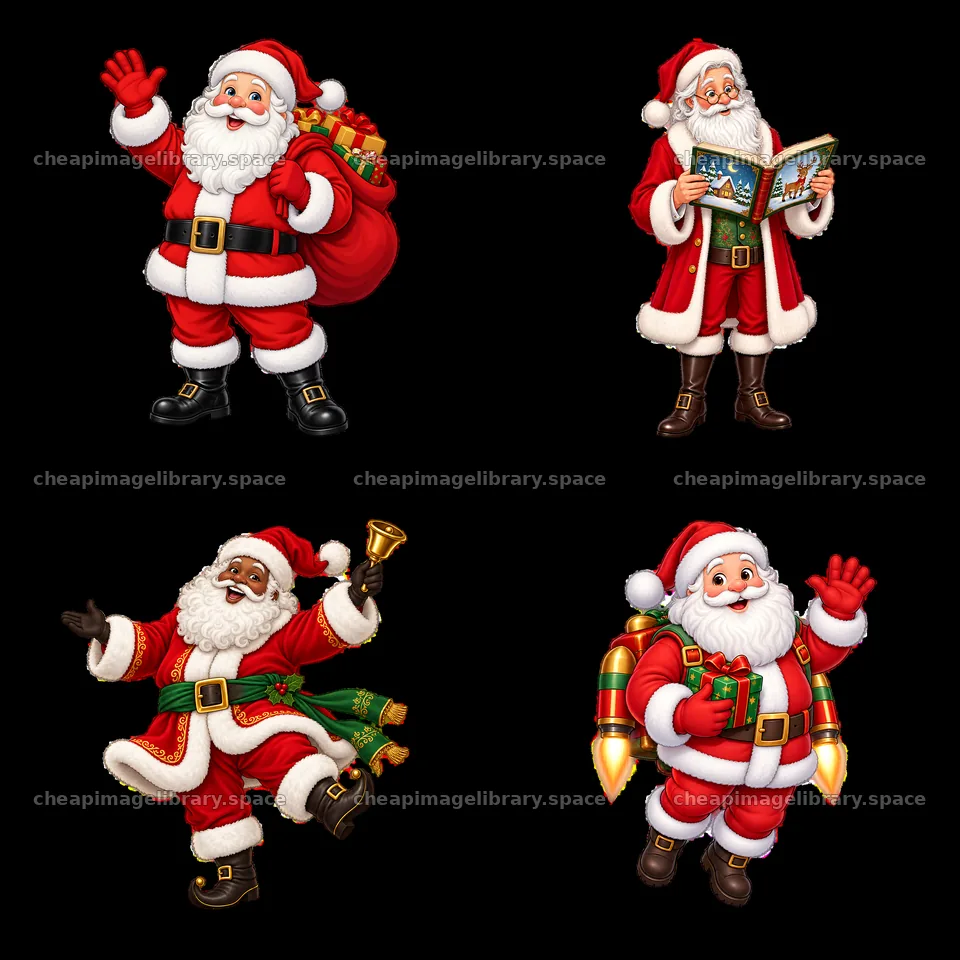 Christmas-themed Santa Claus characters in festive activities – image library 7746x7746