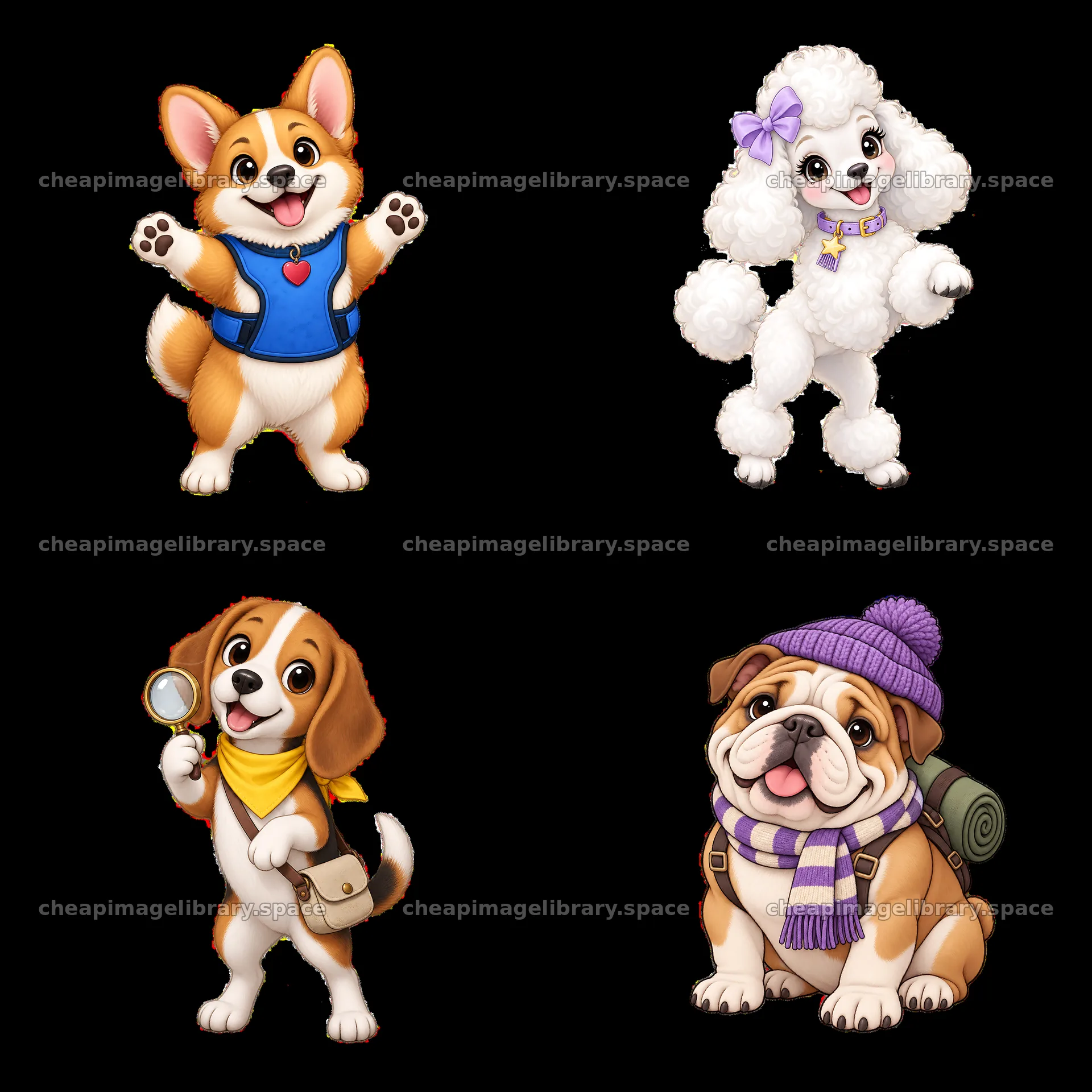 Cute K-9 dog stickers with playful actions and colorful accessories – image library 7746x7746