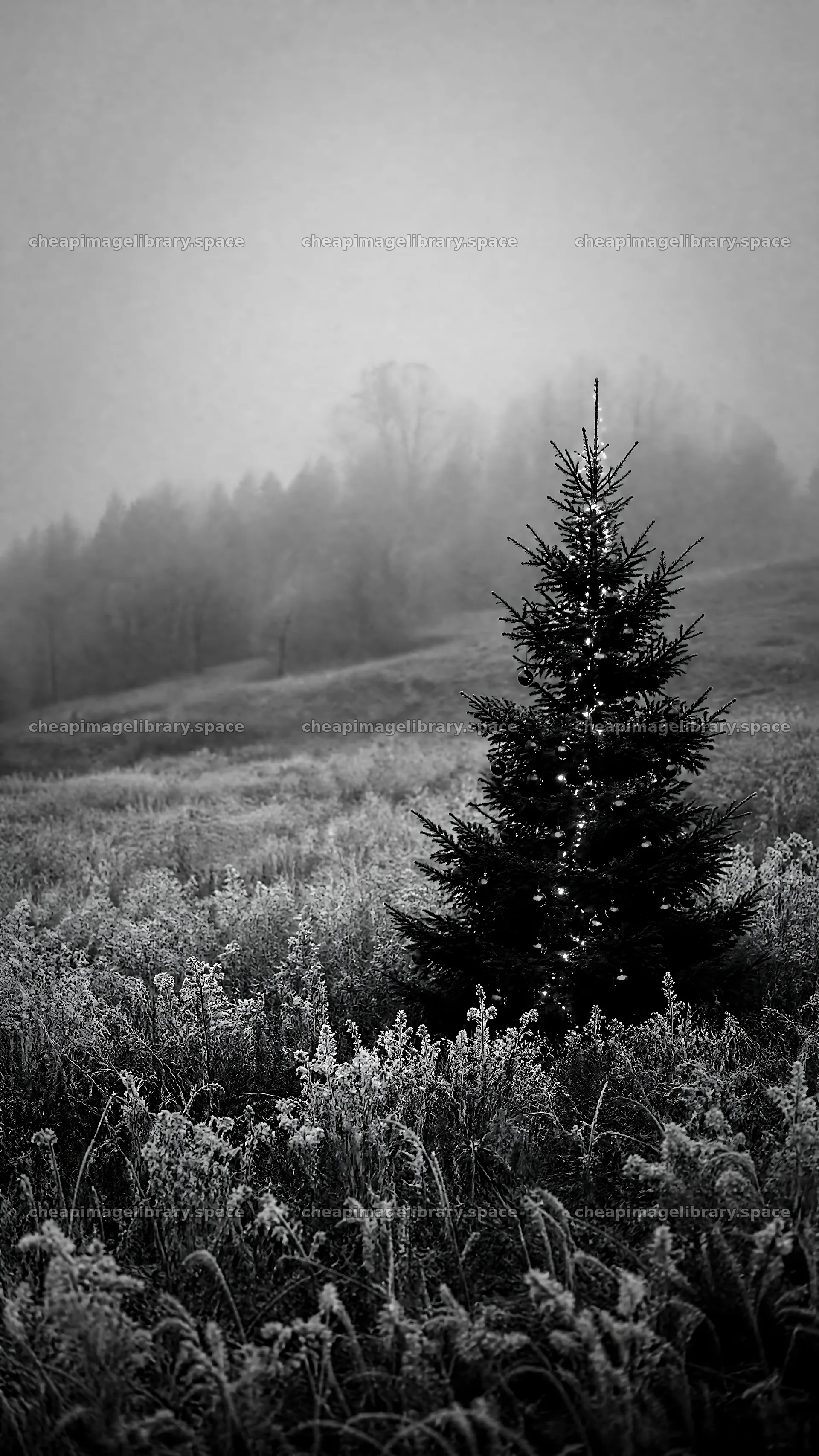 Vibrant Christmas tree in misty meadow during winter – image library 5952x10584