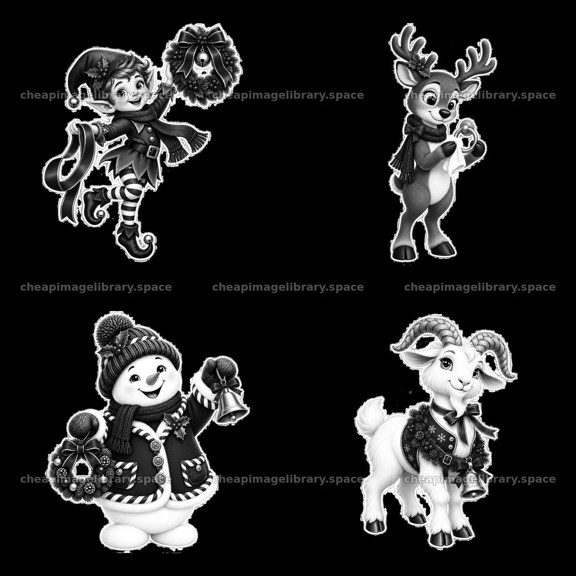 Christmas characters celebrating with bells and decorations – image library 7746x7746