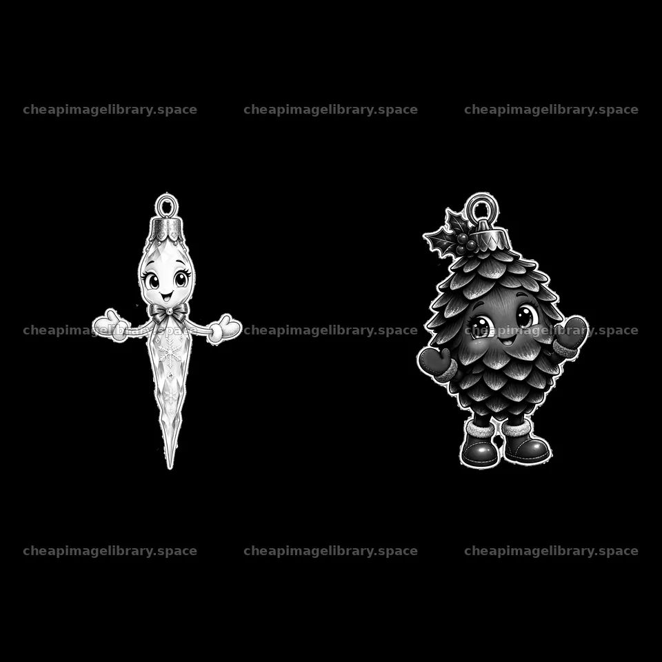 Ice crystal and pine cone Christmas ornaments in black and white – image library 7746x7746