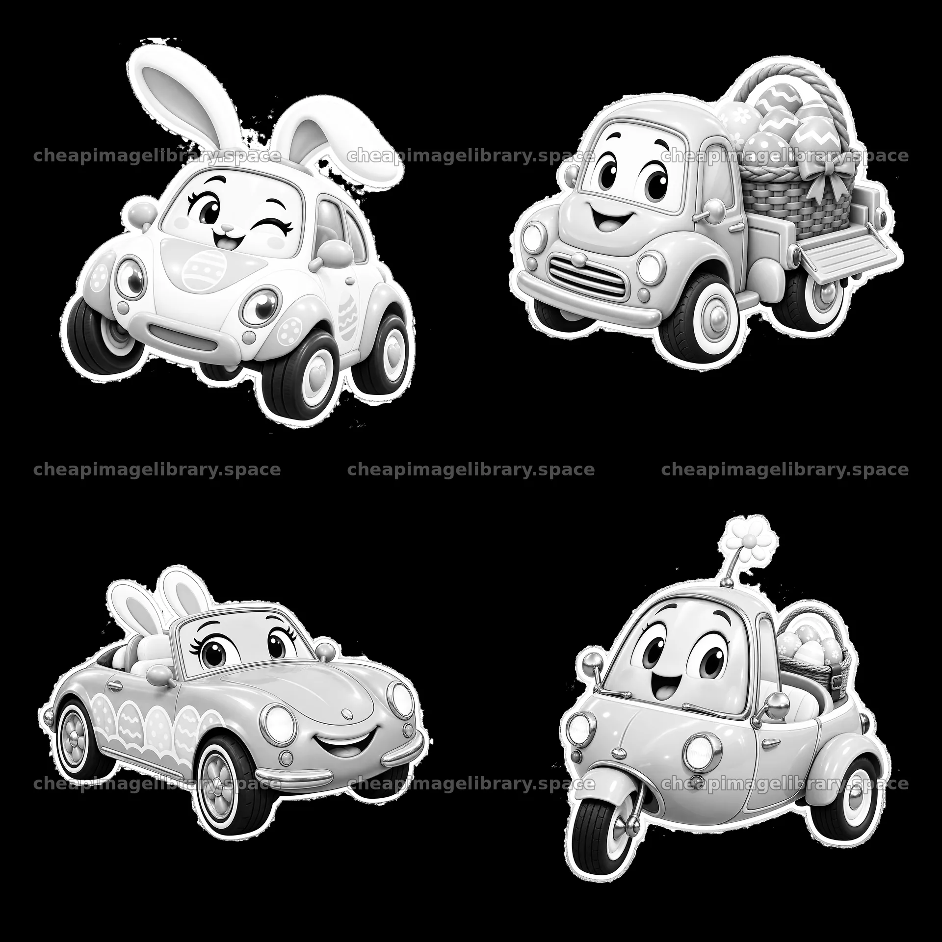 Easter themed cartoon cars with bunny characters and baskets – image library 7746x7746